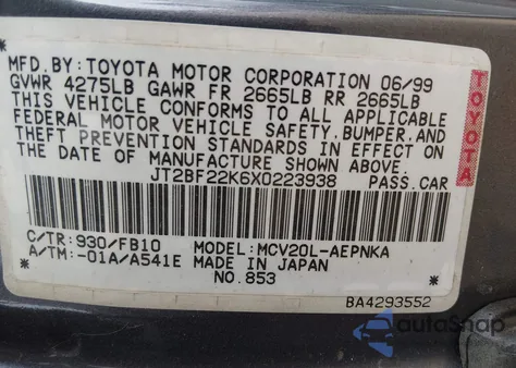 1999 Toyota Camry Le V6 z USA, uszkodzony, nr VIN JT2BF22K6X0223938